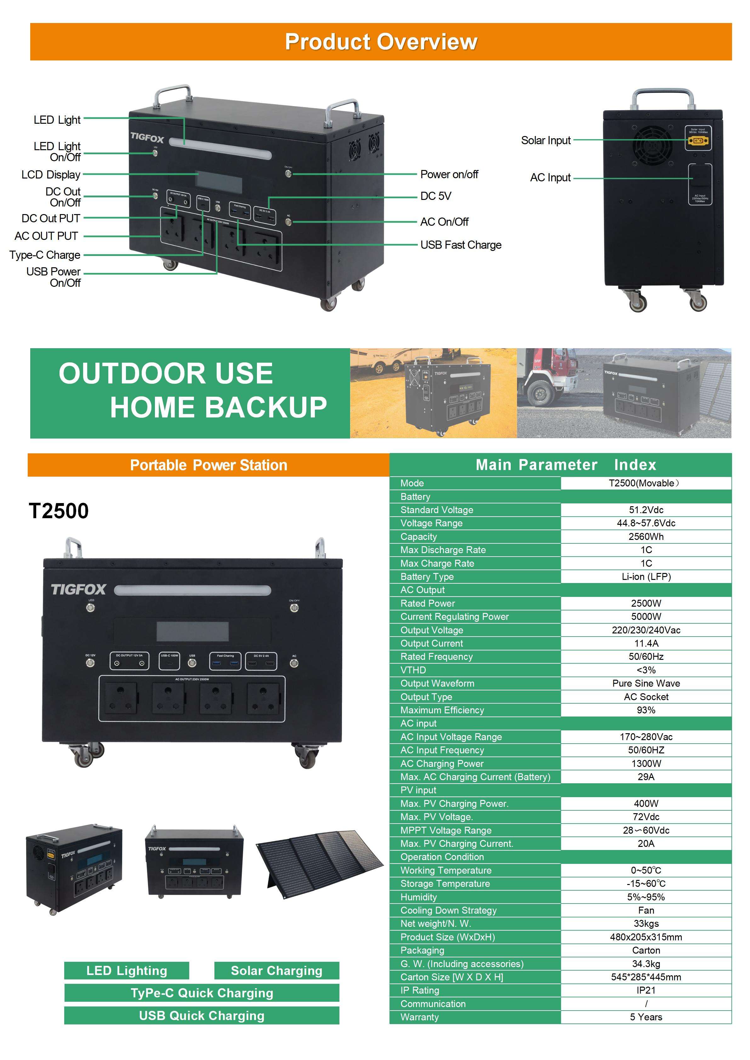 TIGFOX 2500W 3072Wh(LiFePO4) Home Solar Power Generator 110v 220v 2500 Watts Outdoor Rechargeable Portable Power Station manufacture