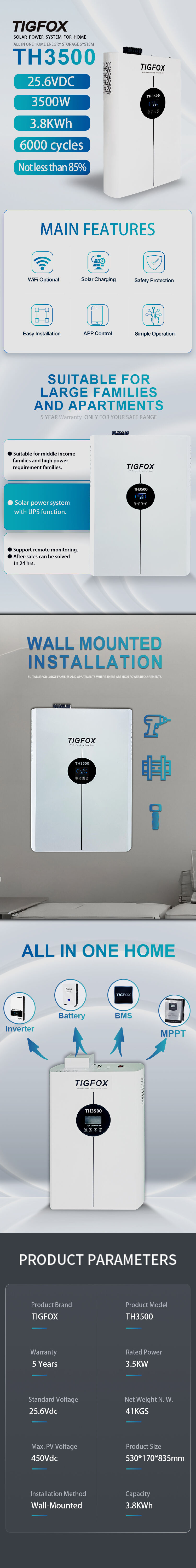 TIGFOX OEM Two In One Solar Power Home Ion Battery Energy Storage System With Inverter Wifi 48V 3.5Kw home energy storage factory