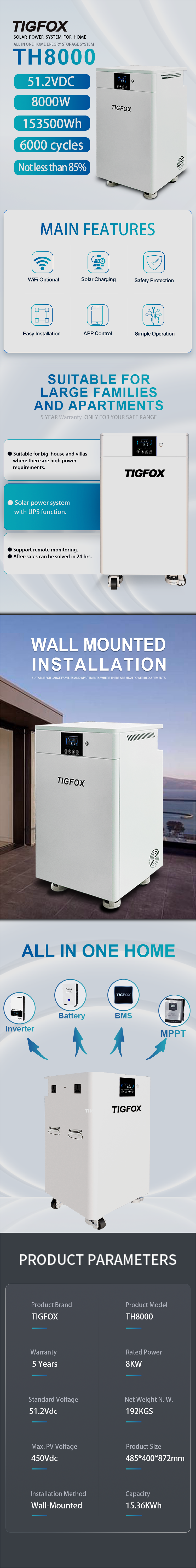 TIGFOX LiFePO4 battery Solar Power Systems for Home 8KW10KW 51.2V 8.5KW 15KWH energy storage system Mobile energy storage system details