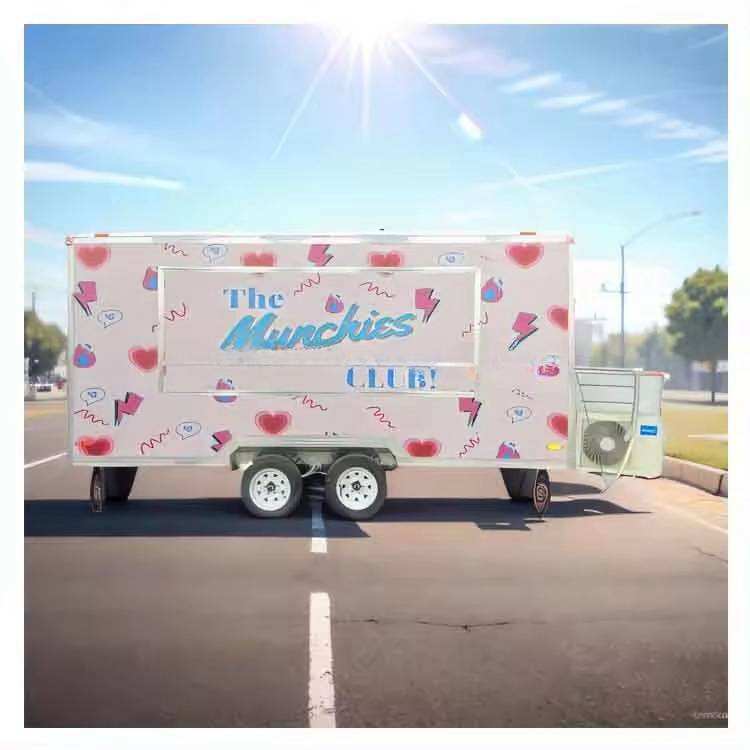 Custom Fast Food Trailer Fully Equipped Pink Food Truck for Catering with Stainless Steel Porch details