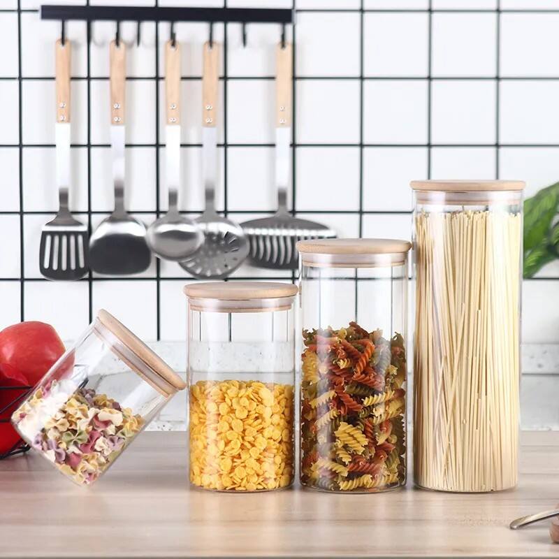 Round Borosilicate JarKitchen Storage Tools Containers Jar Vial Honey Spices Glass Food Storage Containers Jar With Bamboo Lid