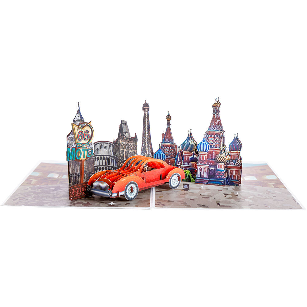 3D Travel Car Pop Up Card – 180 Degree Architecture & Vintage Car Greeting Card for Best Wishes