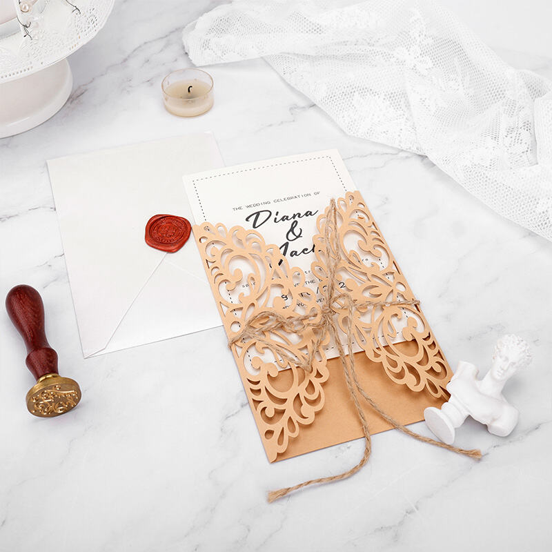 Laser Cut Wedding Invitation Card – Handmade Kraft Paper Wedding Invitation with Rustic Rope Design