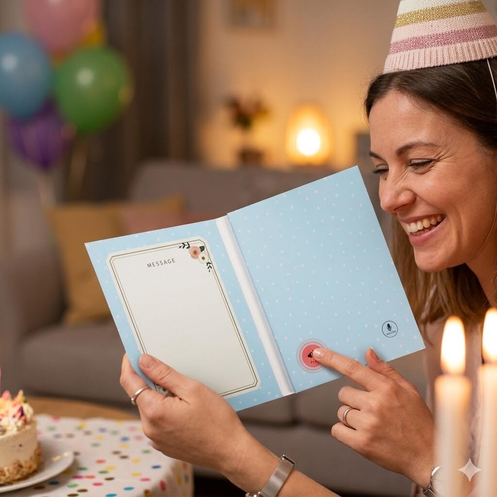 user opening recordable greeting card with personal voice message.jpg