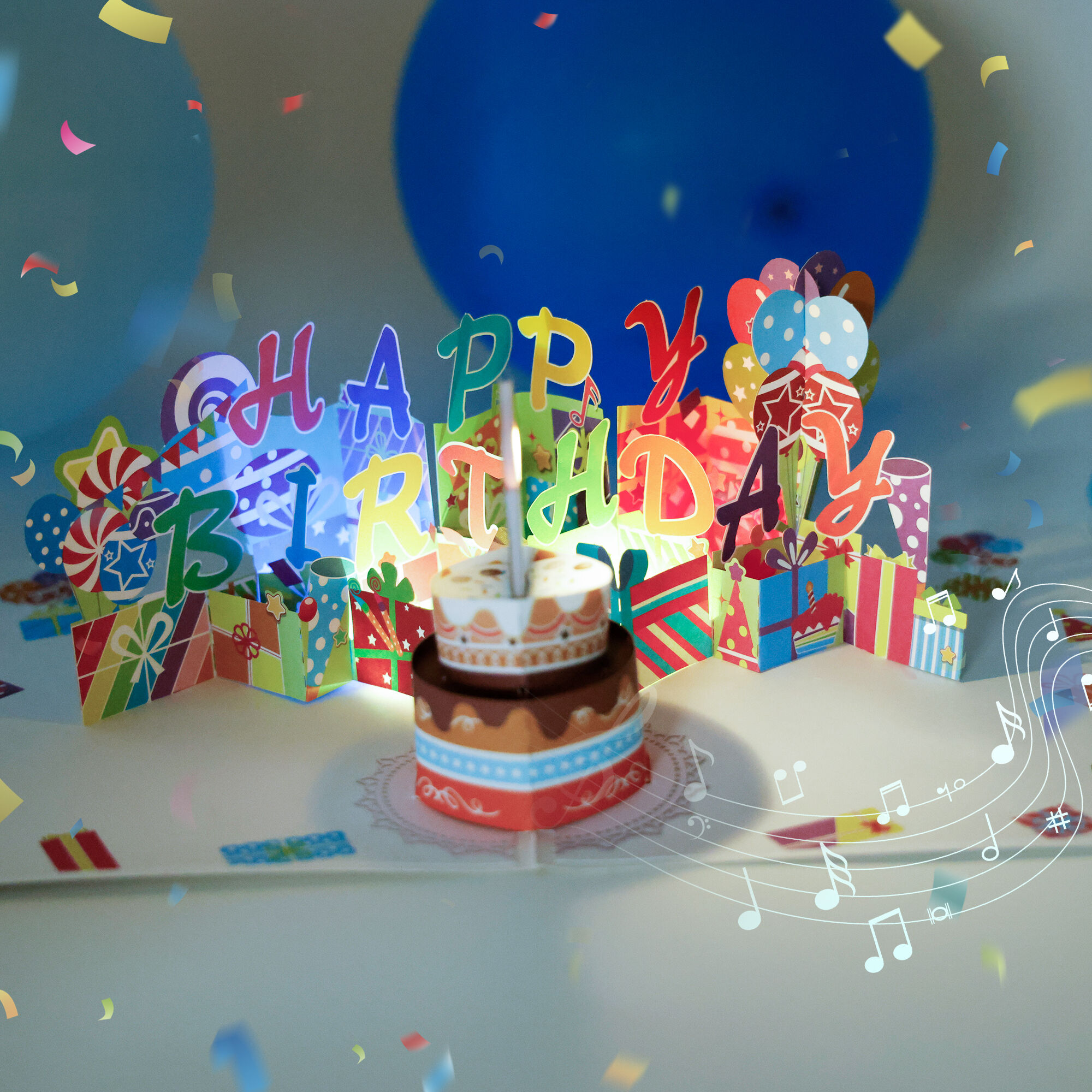 Interactive Birthday Pop Up Card with Music, Light and Blow-Out Candle Cake