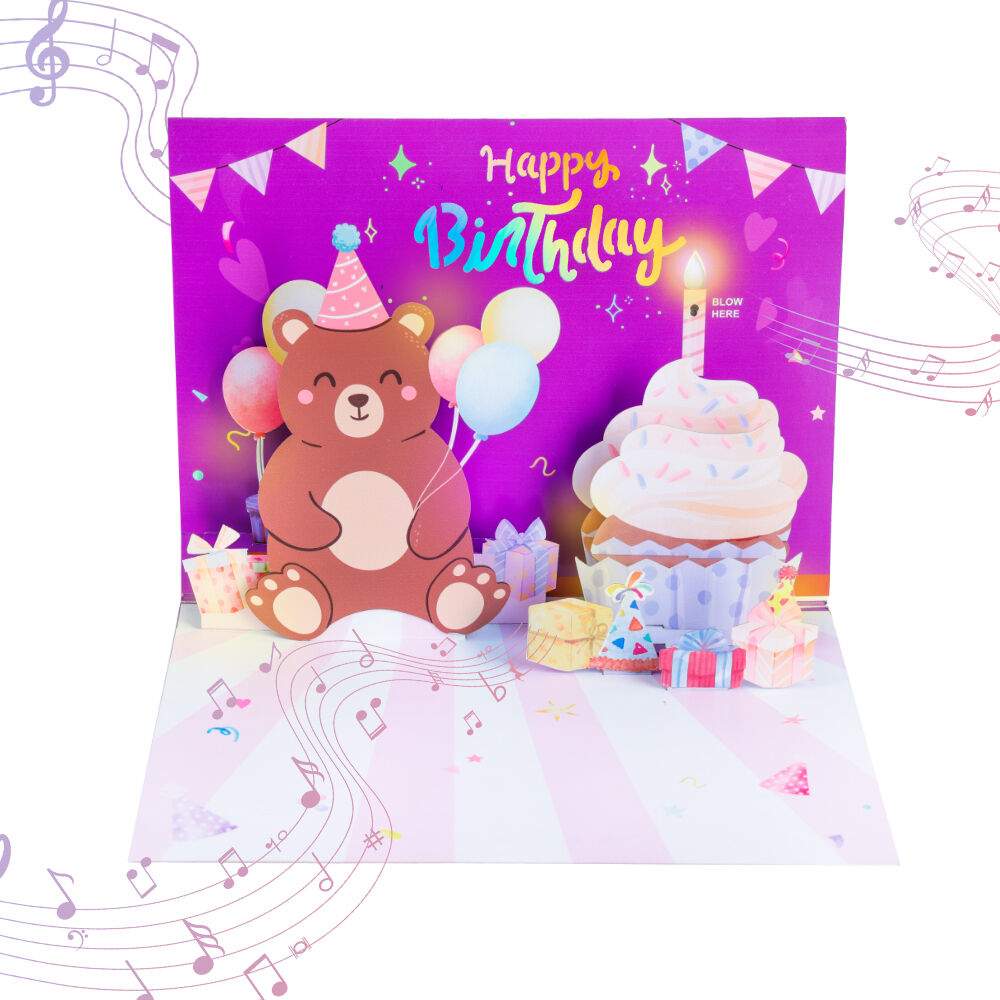 3D Blow-Out Bear Birthday Music Light Pop Up Card Detailed Description