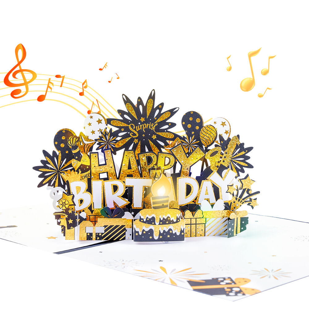 Blow Out Birthday Pop Up Card | Black and Gold Musical Birthday Card 