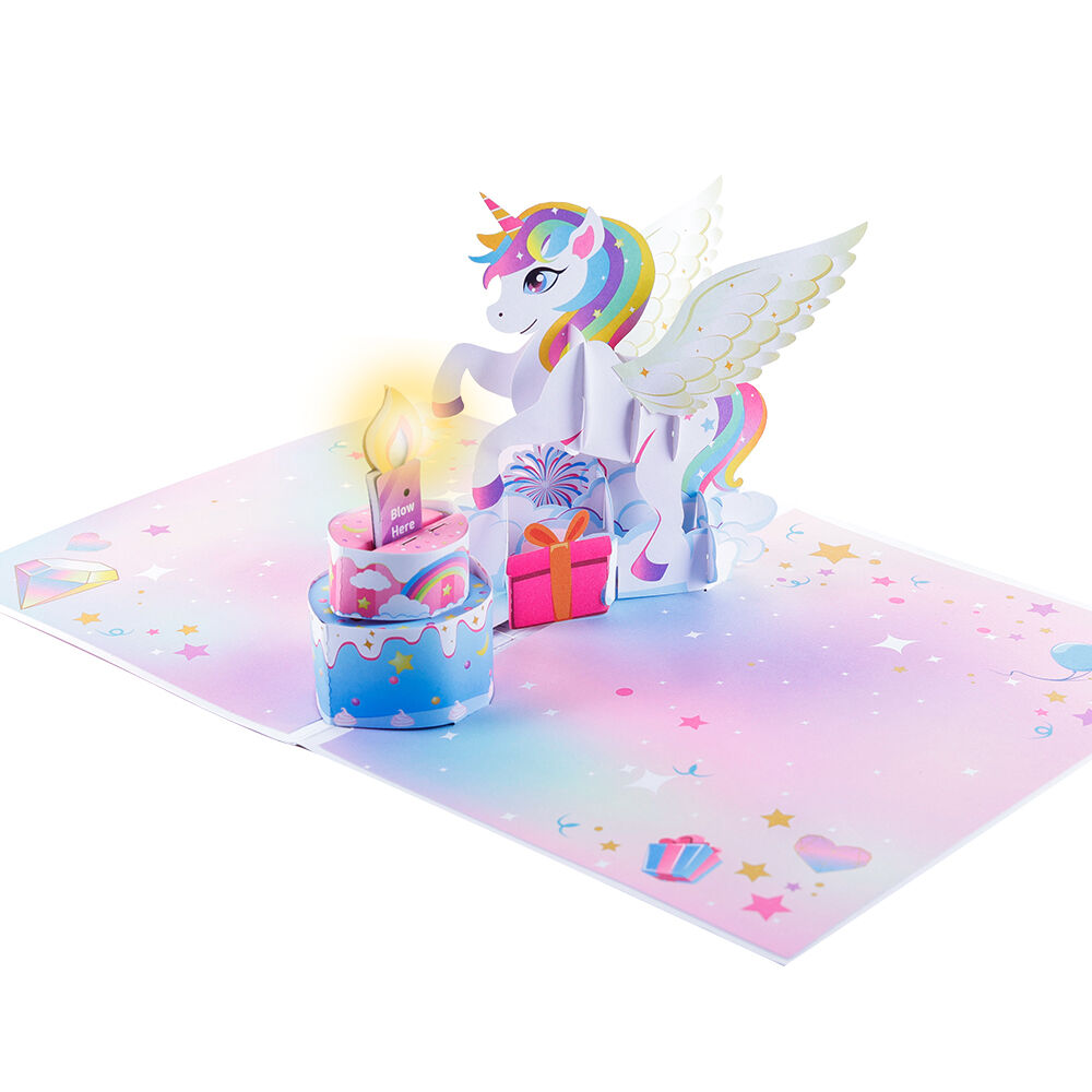 Unicorn Birthday Pop-Up Card with Blow-Out Lights and Music