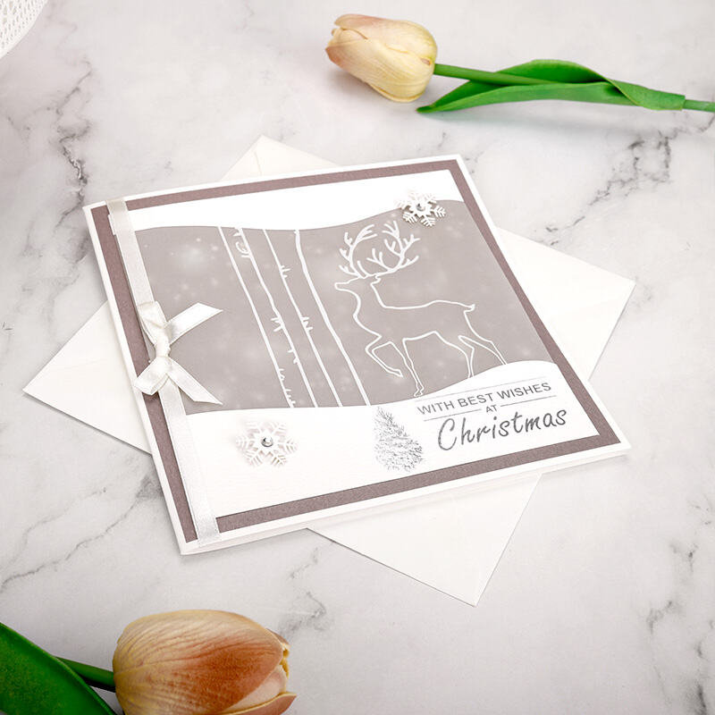 Handmade Christmas Greeting Card with Ribbon Bow – Elegant Flat Merry Christmas Card with Deer and Winter Forest Design
