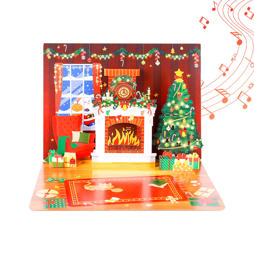 Interactive Christmas Pop Up Card with Music, Light and Fireplace Blow Feature