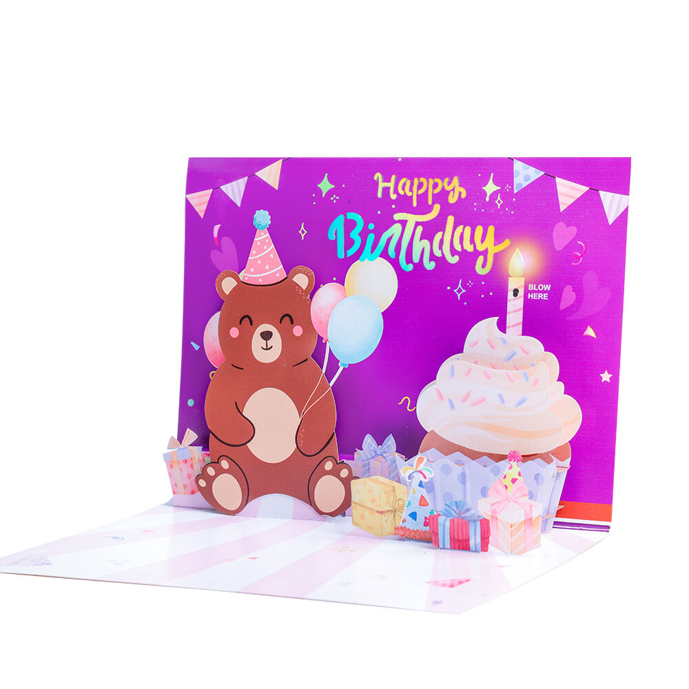 3D Blow-Out Bear Birthday Music Light Pop Up Card Detailed Description