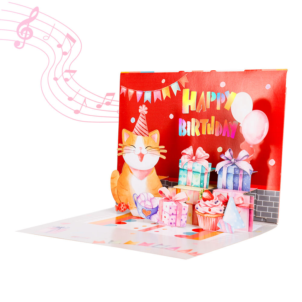 Happy Birthday Cat 3D Pop Up Card with Music and Lights 