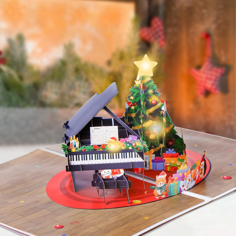 Christmas Pop Up Card with Music and Light – Piano Scene Design