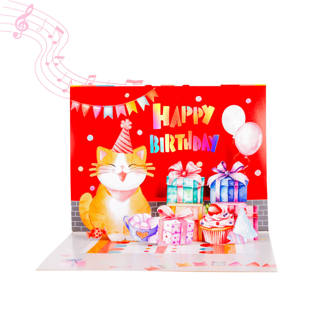 Happy Birthday Cat 3D Pop Up Card with Music and Lights 