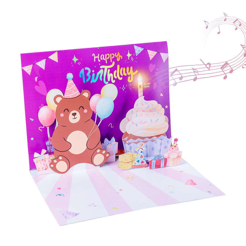 3D Blow-Out Bear Birthday Music Light Pop Up Card Detailed Description