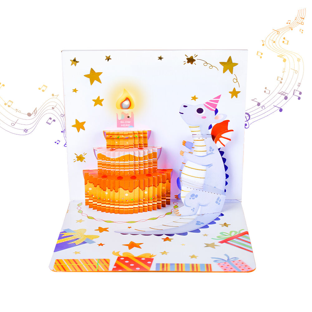 Interactive Kids Birthday Pop Up Card with Music, Light and Dragon Flame Candle Feature