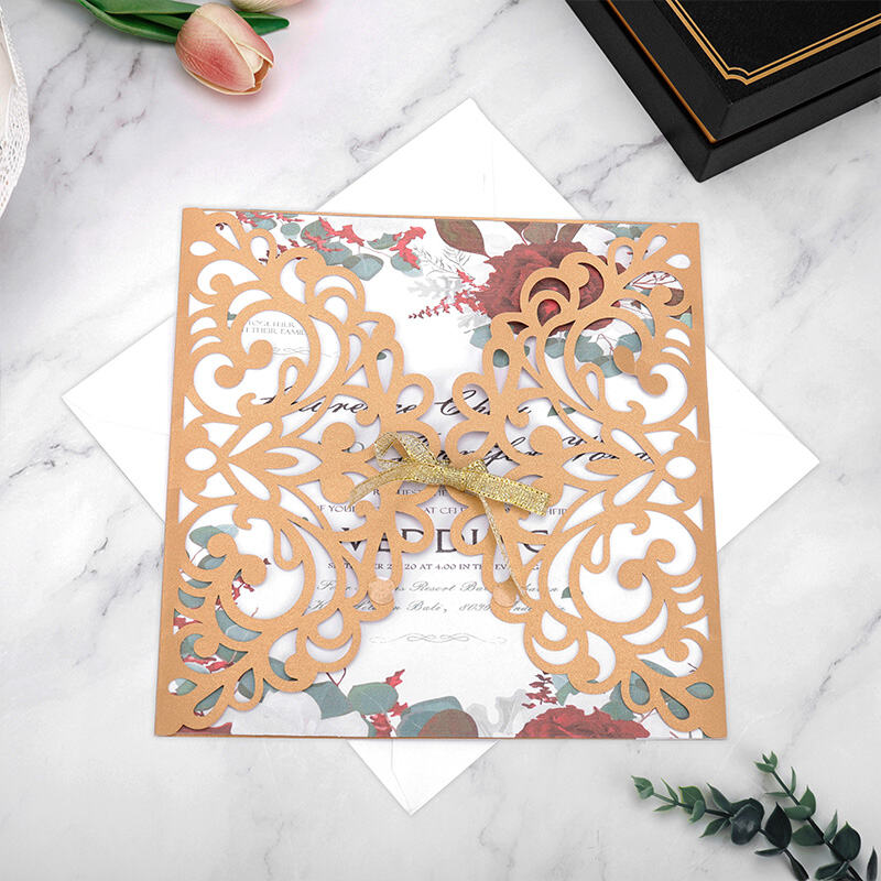 Laser Cut Wedding Invitation Card – Handmade Luxury Wedding Greeting Card with Ribbon Decoration