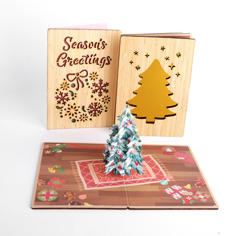 Bamboo Cover Christmas Pop Up Card 3D Tree Greeting Card