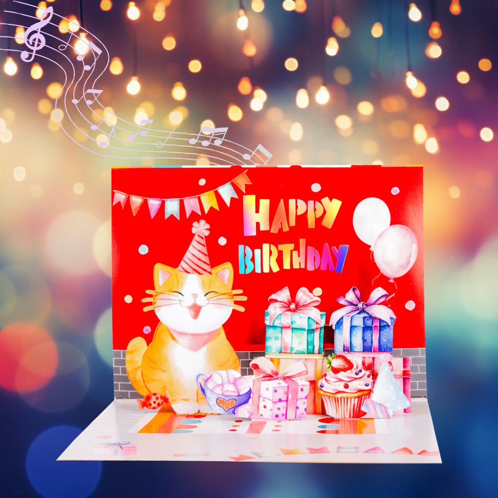 Happy Birthday Cat 3D Pop Up Card with Music and Lights 