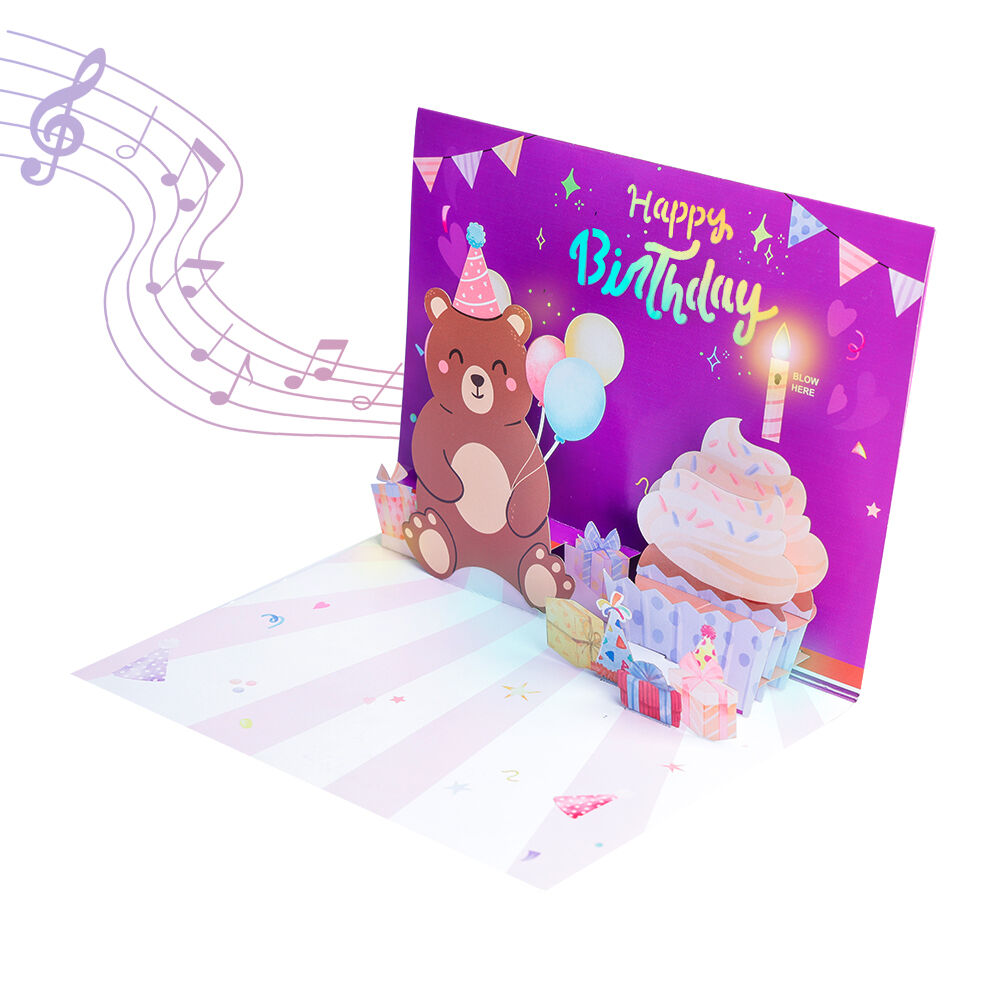 3D Blow-Out Bear Birthday Music Light Pop Up Card Detailed Description