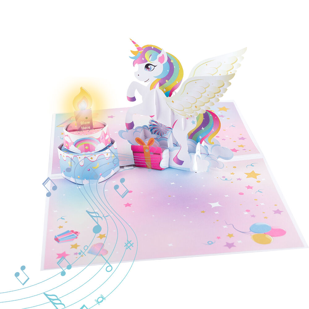 Unicorn Birthday Pop-Up Card with Blow-Out Lights and Music