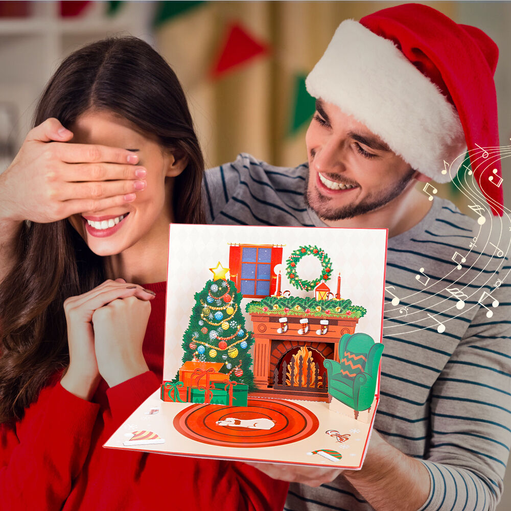 Christmas Pop Up Card with Music, Light and Fireplace Blow Feature