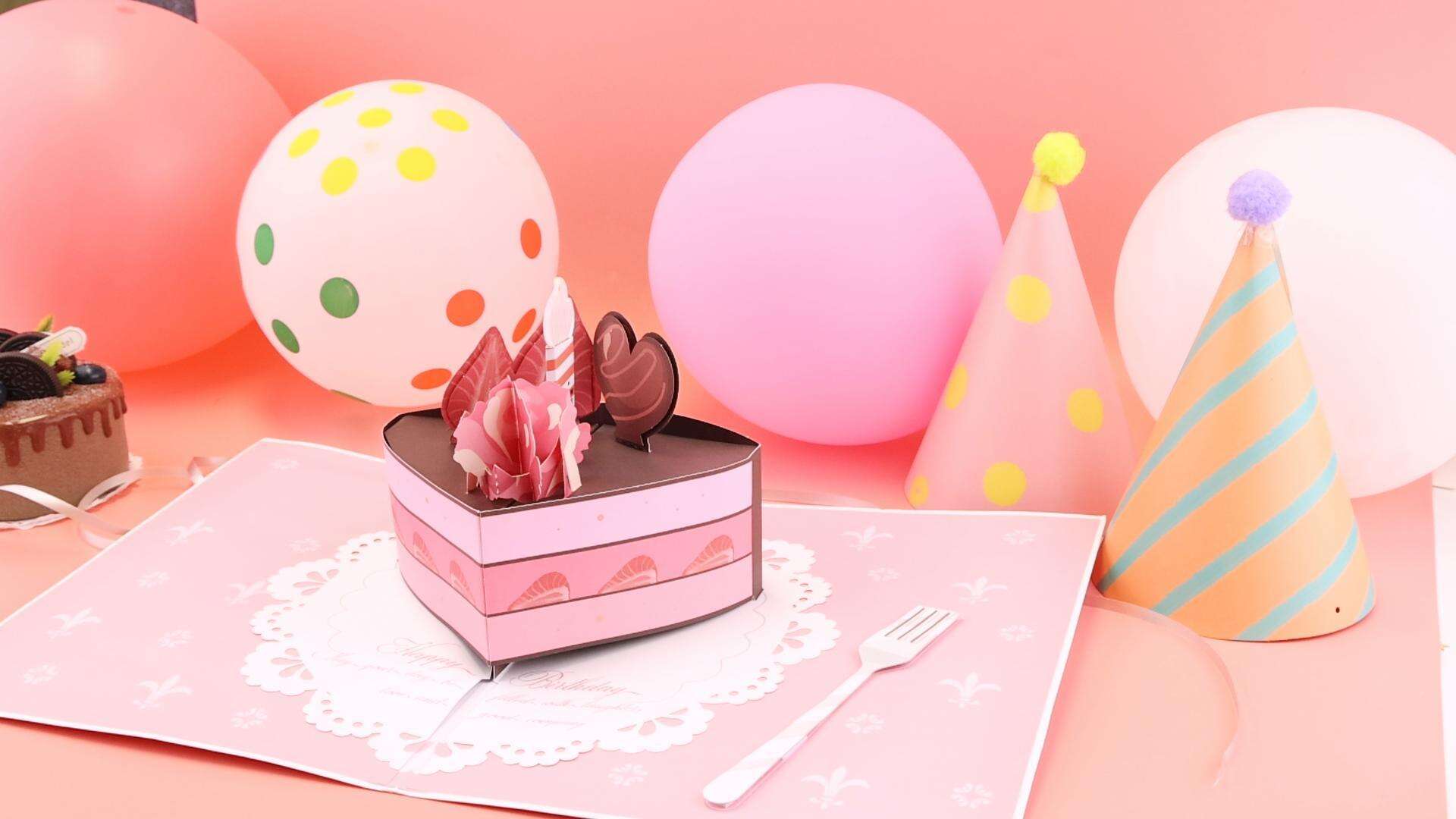 180-degree birthday strawberry cake blow card