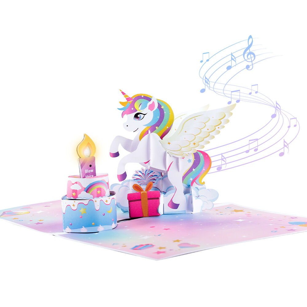 Unicorn Birthday Pop-Up Card with Blow-Out Lights and Music