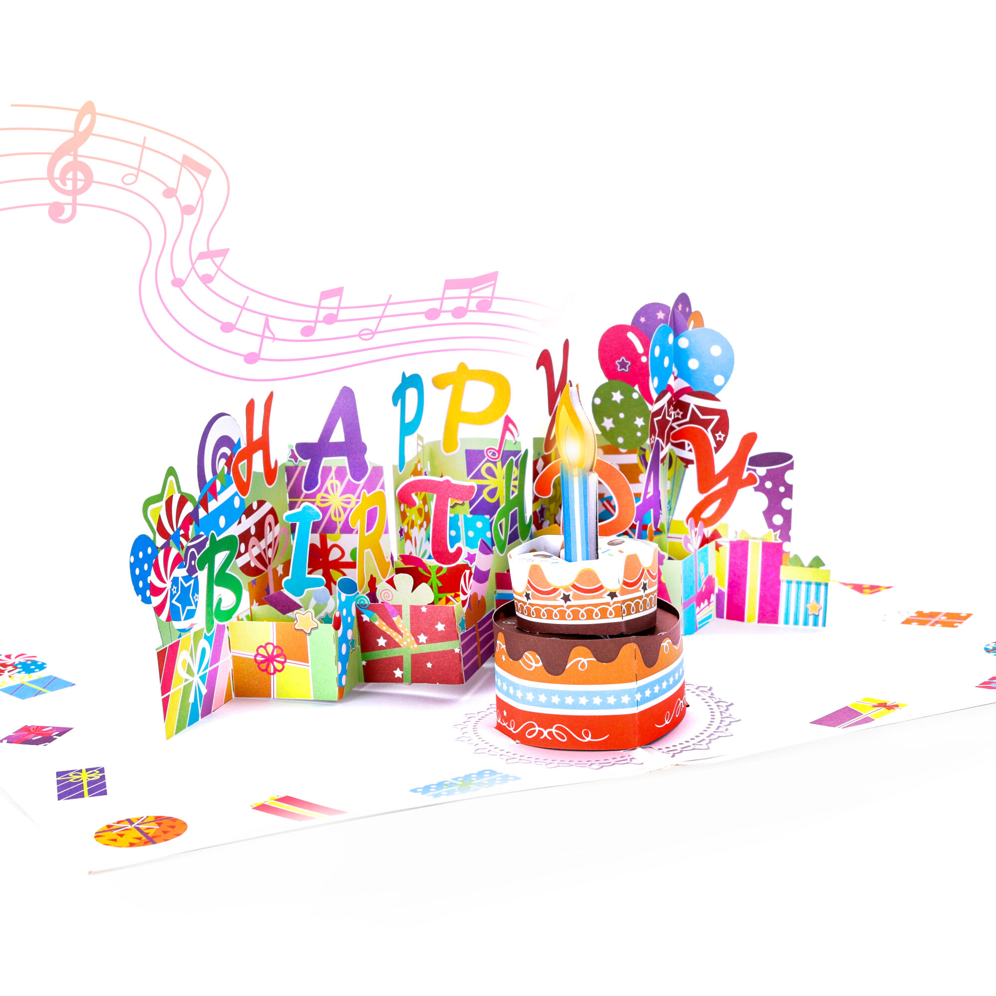 Interactive Birthday Pop Up Card with Music, Light and Blow-Out Candle Cake
