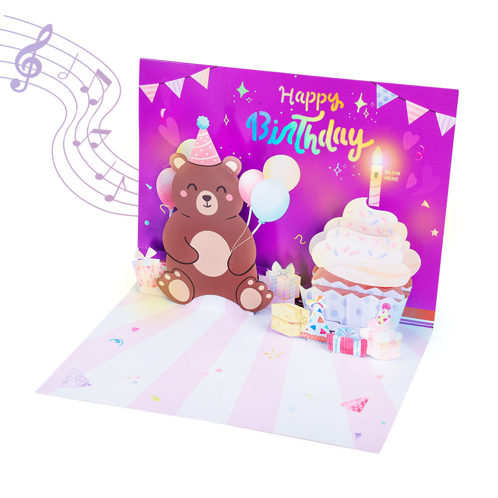 3D Blow-Out Bear Birthday Music Light Pop Up Card Detailed Description