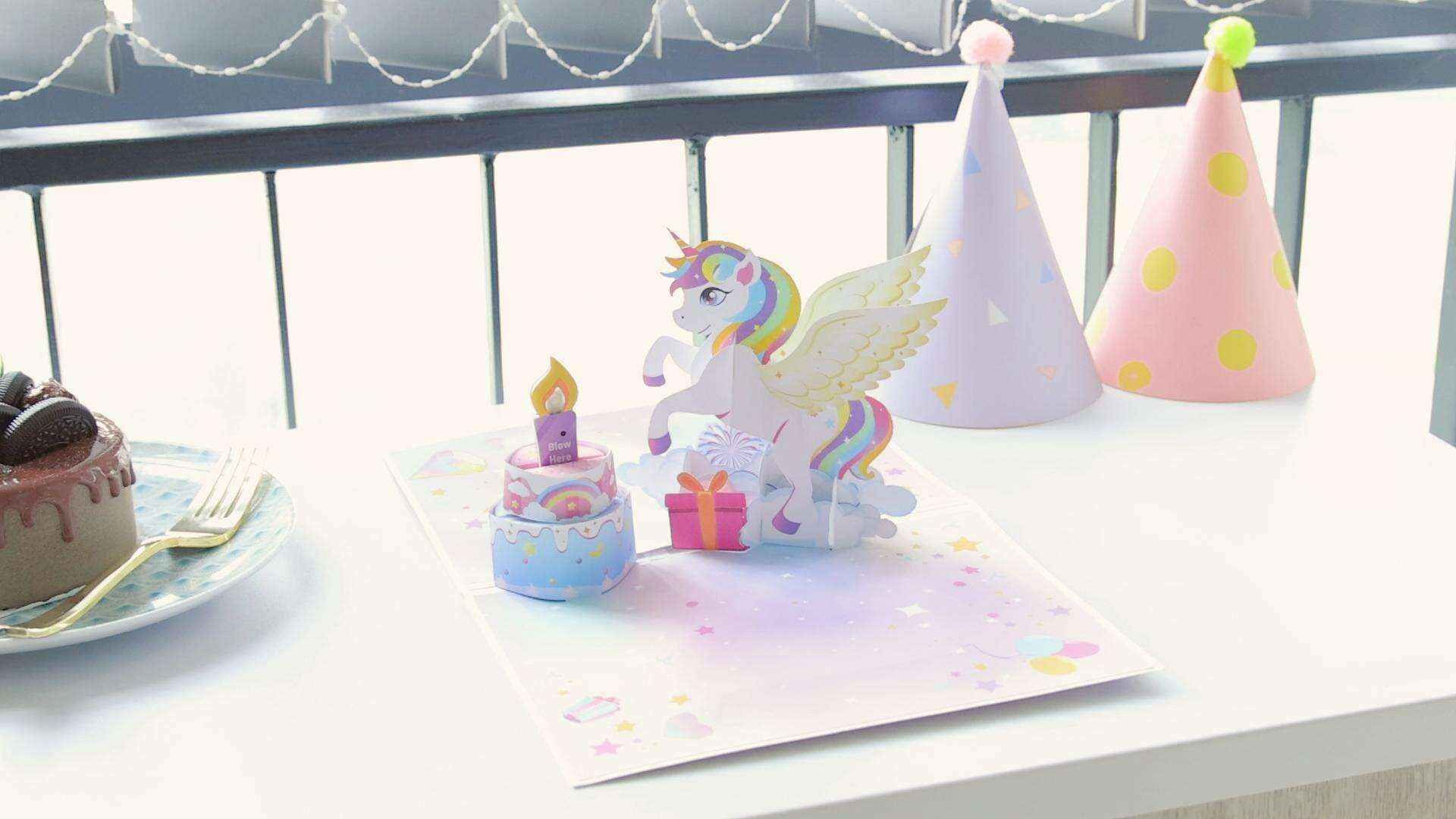 180-degree Birthday Unicorn Blow Card