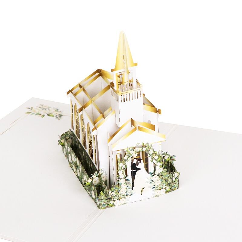 Carte pop-up de mariage à l'église en or