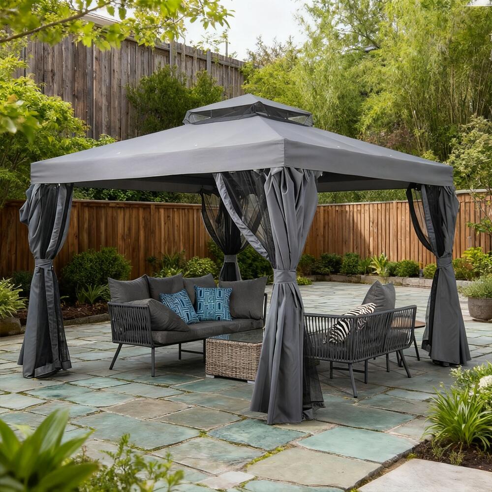 3x3m Double Fabric Roof Curtain Aluminum Gazebo