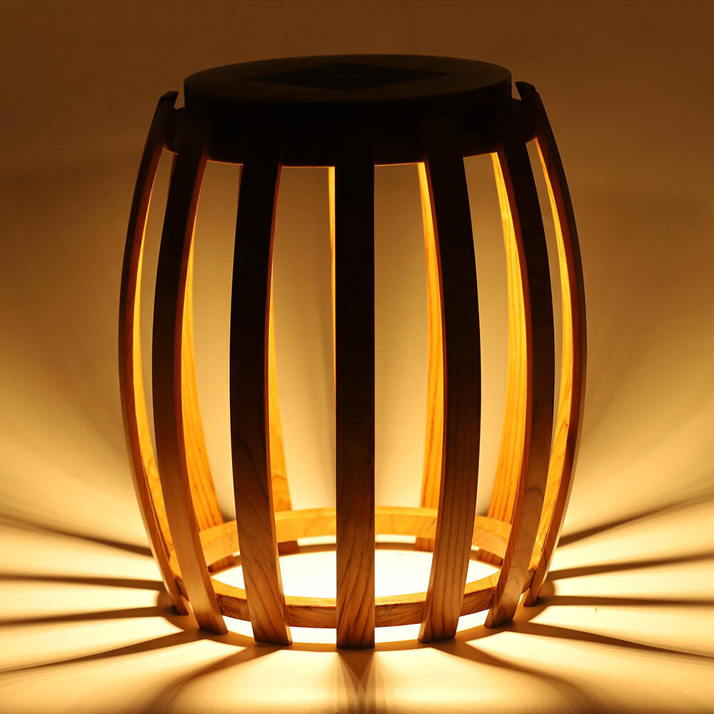 Wooden Standing Solar Garden Light Drum-like