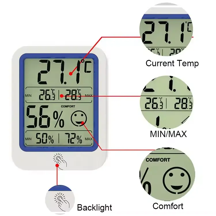 Артқы жарықты LCD температура сенсоры бар үйдегі ауа райы станциясы, MAX/MIN сандық көрсеткіш, ылғал өлшеуіш, ылғалдылық метрі үйдегі пайдалануға арналған