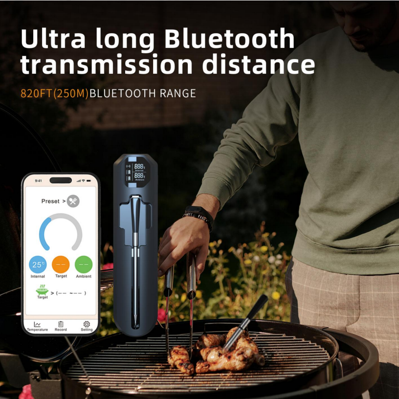 เทอร์โมมิเตอร์สำหรับวัดอุณหภูมิเนื้อสัตว์แบบไร้สายอัจฉริยะ CCOWAY พร้อมหน้าจอ LCD