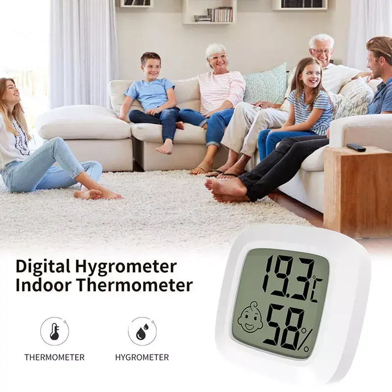 Комфорт деңгейін көрсететін бетпен LCD дисплейі бар мини сандық ылғал өлшеуіш, ABS пластиктен жасалған бөлмедегі термометр