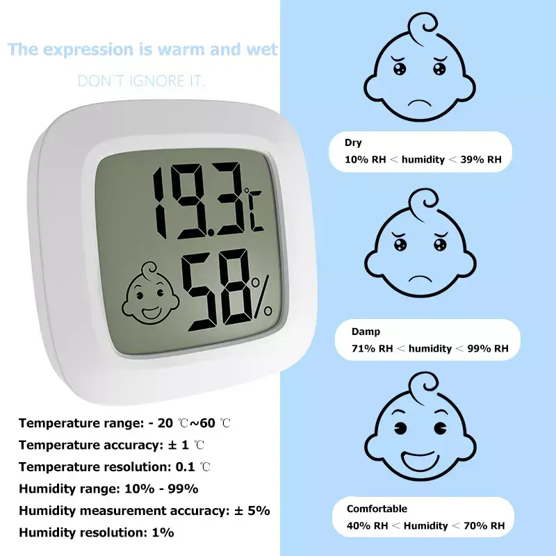 Комфорт деңгейін көрсететін бетпен LCD дисплейі бар мини сандық ылғал өлшеуіш, ABS пластиктен жасалған бөлмедегі термометр