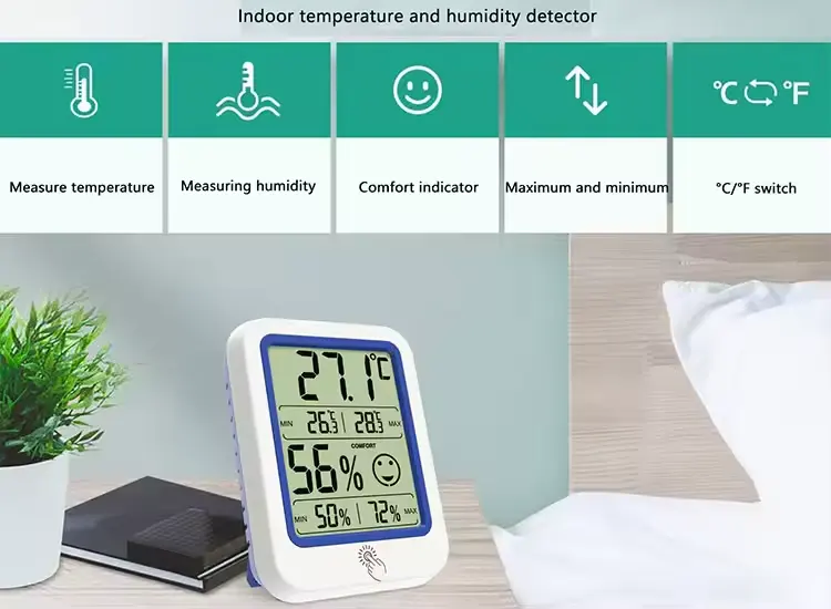 Артқы жарықты LCD температура сенсоры бар үйдегі ауа райы станциясы, MAX/MIN сандық көрсеткіш, ылғал өлшеуіш, ылғалдылық метрі үйдегі пайдалануға арналған