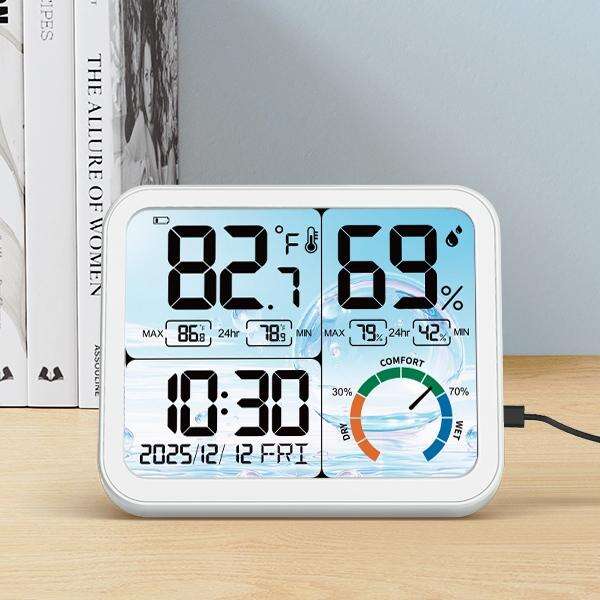 Digital Indoor Room Thermometer - 5.8'' Extra Large Display Temperature Humidity Sensor with Accurate Temp Humidity Gauge Monitor, Calibration, Max & Min Records, Comfort, Backlit, Date & Clock