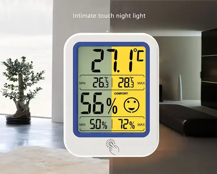 Артқы жарықты LCD температура сенсоры бар үйдегі ауа райы станциясы, MAX/MIN сандық көрсеткіш, ылғал өлшеуіш, ылғалдылық метрі үйдегі пайдалануға арналған