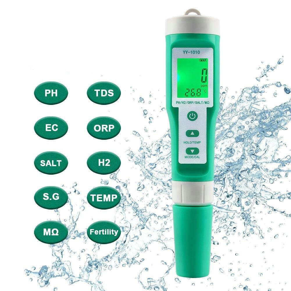 10 1 Food Salinity Meter PH/ORP/EC/H2/S.G/TDS/SALT/TEMP/Resistivity Fertilizer Water Quality Tester Portable LCD Button Battery