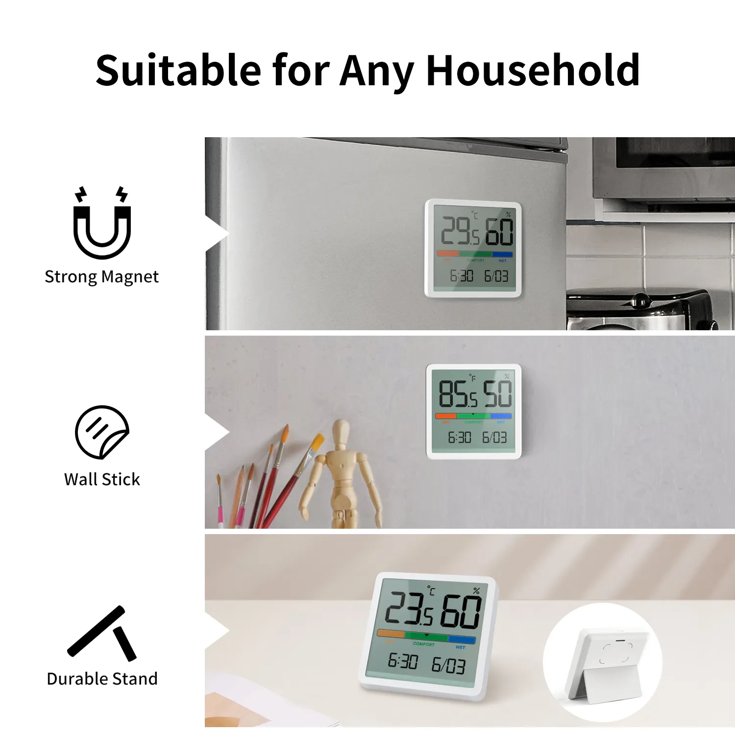 Уақыт функциясы бар сандық үй термометрі мен ылғалдық өлшеуіш