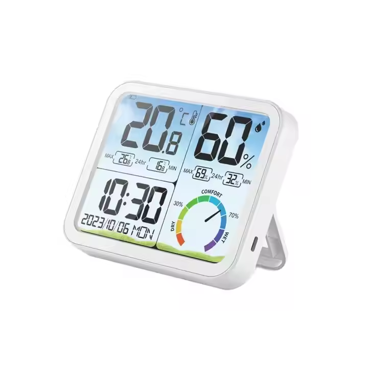 Түсті экран СКД Температура ылғалдылық өлшегіш термометр, температура дабыл уақыты бар гигрометр