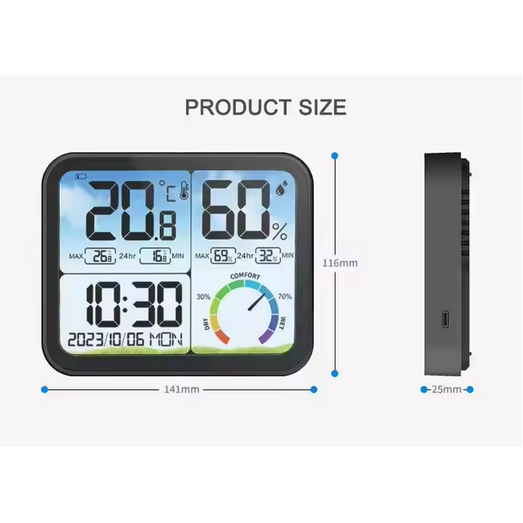 Түсті экран СКД Температура ылғалдылық өлшегіш термометр, температура дабыл уақыты бар гигрометр