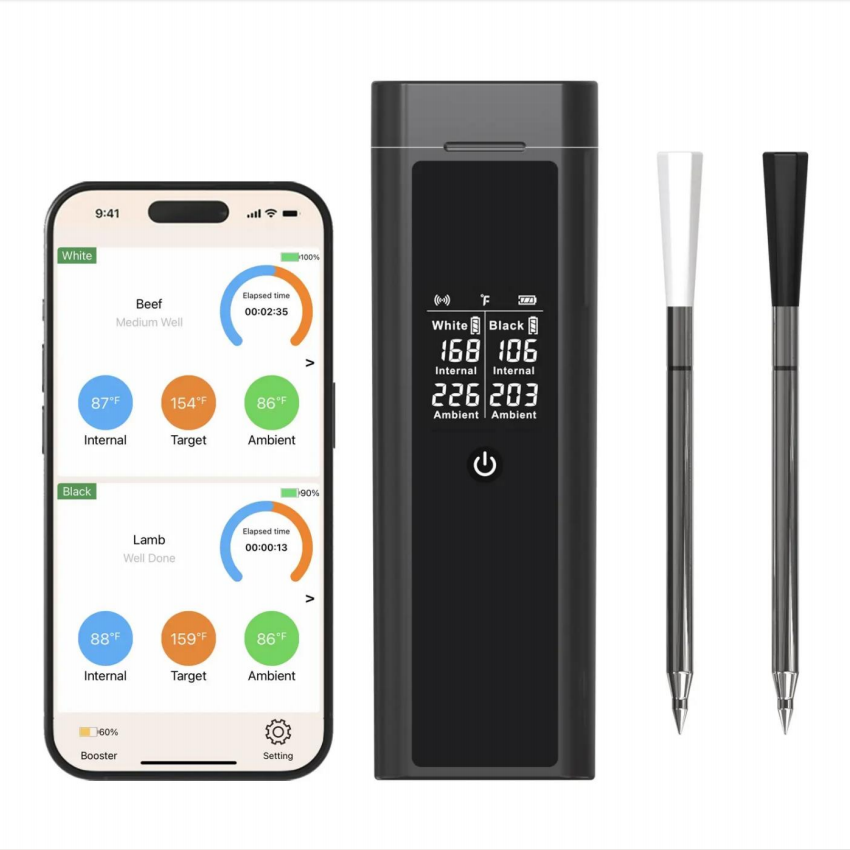 เทอร์โมมิเตอร์สำหรับวัดอุณหภูมิเนื้อสัตว์แบบไร้สายอัจฉริยะ CCOWAY แบบสองหัววัด