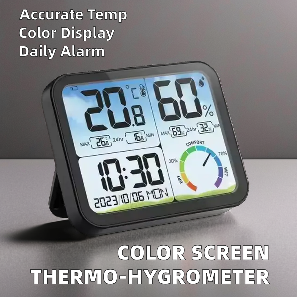 Түсті экран СКД Температура ылғалдылық өлшегіш термометр, температура дабыл уақыты бар гигрометр