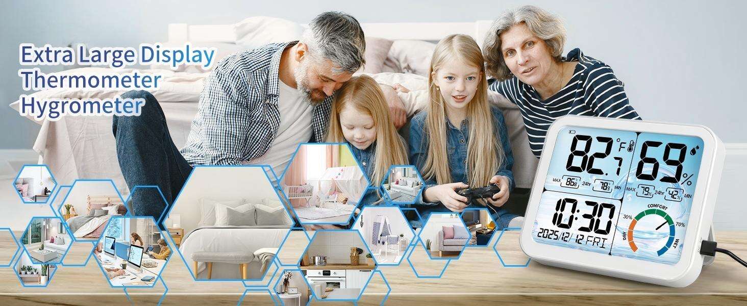 Digital Indoor Room Thermometer - 5.8'' Extra Large Display Temperature Humidity Sensor with Accurate Temp Humidity Gauge Monitor, Calibration, Max & Min Records, Comfort, Backlit, Date & Clock-1