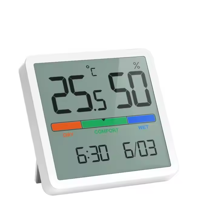 Indendørs termometerhygrometer med ur og datoanvisning