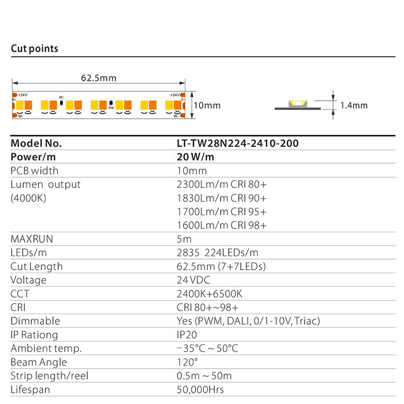 Tunable white SMD 2835 224leds/m LED Strip supplier